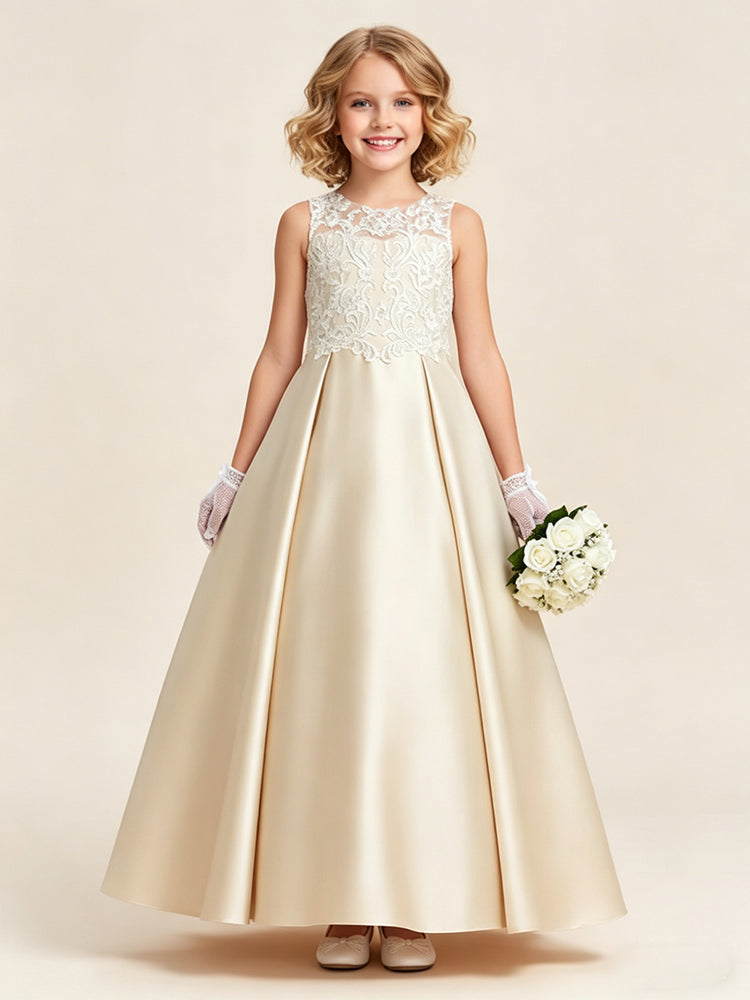 Satin A-Line Jewel Neck Long Flower Girl Dresses with Lace Applique