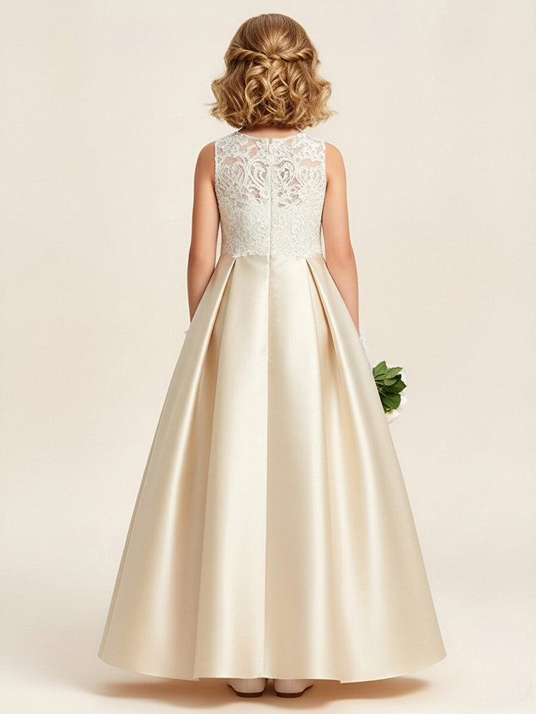 Satin A-Line Jewel Neck Long Flower Girl Dresses with Lace Applique