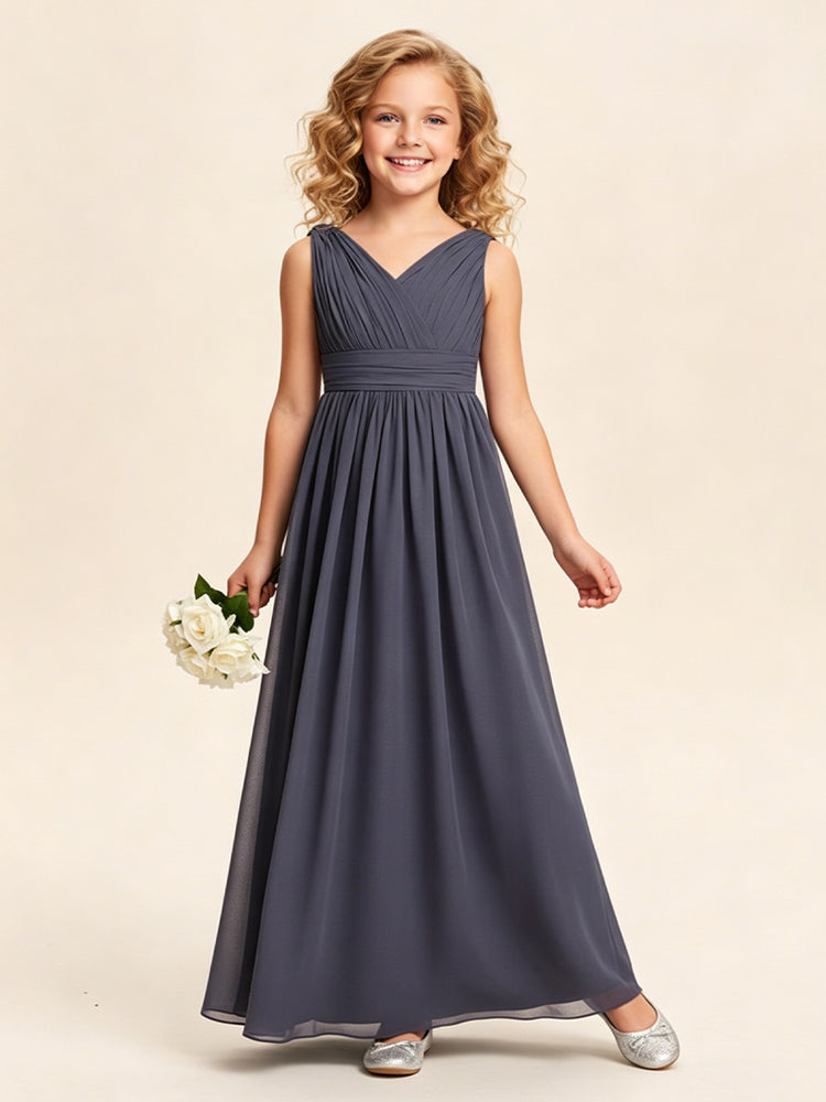 Chiffon A-Line V Neck Long Flower Girl Dresses with Pleats