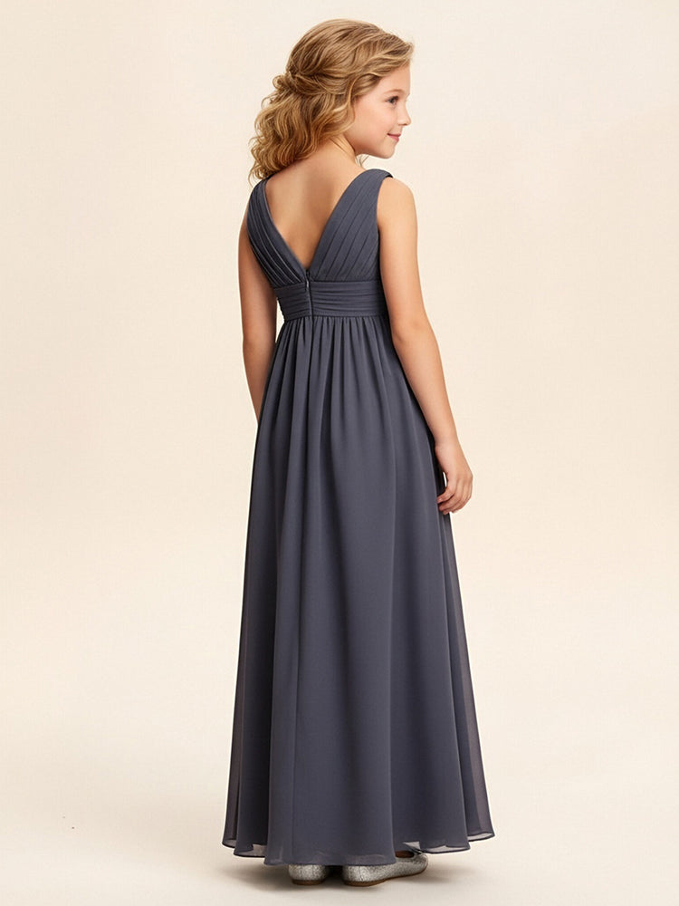 Chiffon A-Line V Neck Long Flower Girl Dresses with Pleats