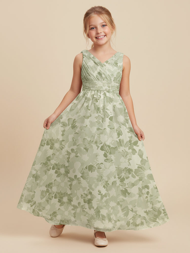 Chiffon Floral A-Line V Neck Long Flower Girl Dresses with Pleats
