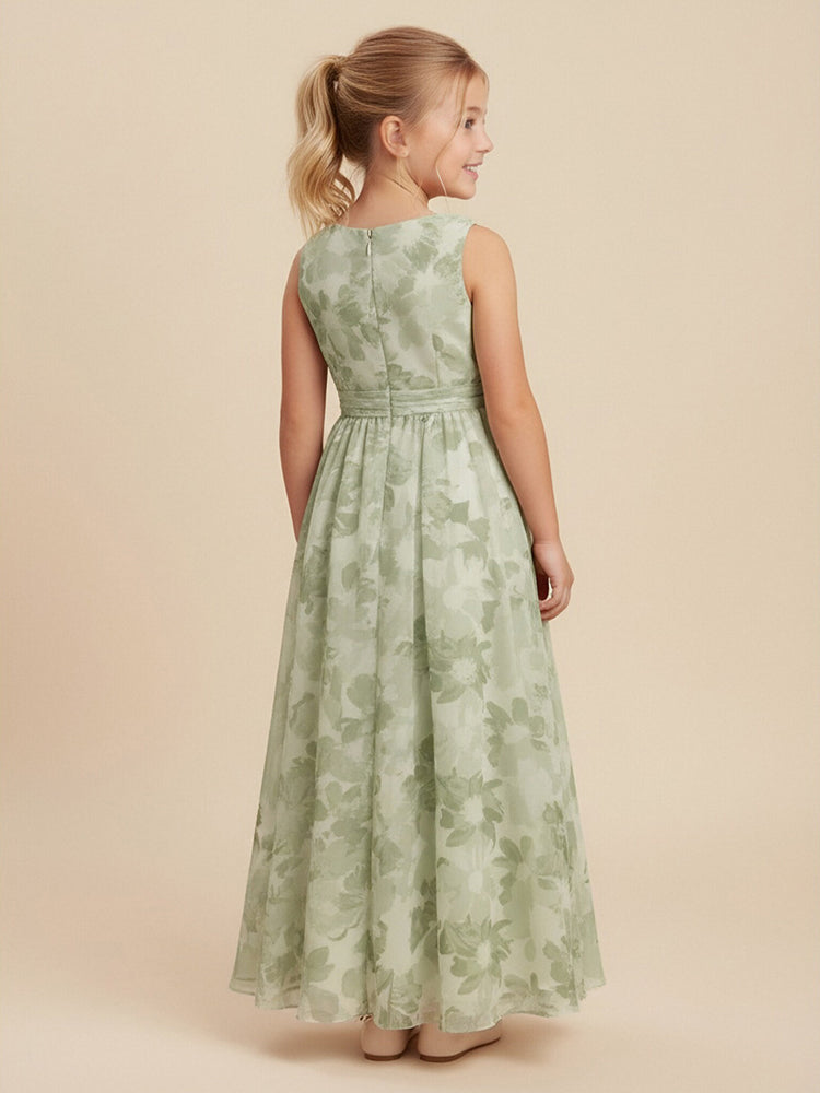 Chiffon Floral A-Line V Neck Long Flower Girl Dresses with Pleats