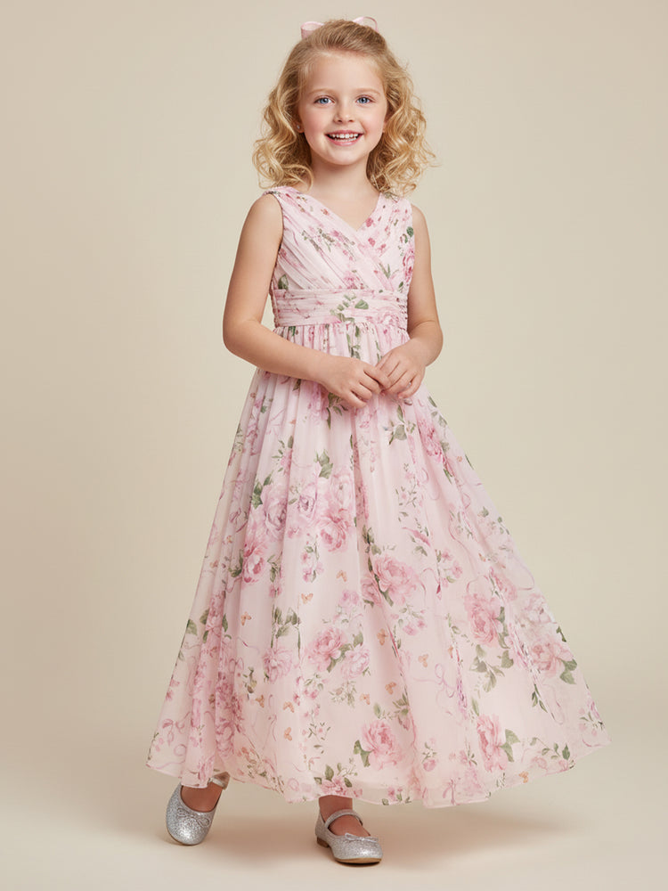 Chiffon Floral A-Line V Neck Long Ruched Flower Girl Dresses with Pleats