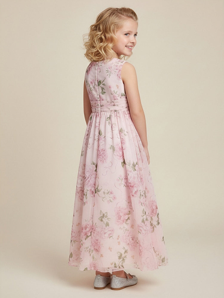 Chiffon Floral A-Line V Neck Long Ruched Flower Girl Dresses with Pleats