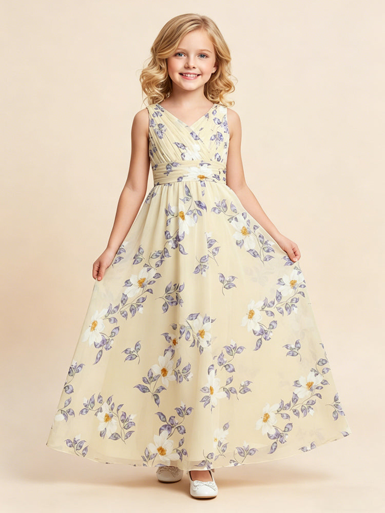 Chiffon Floral A-Line V Neck Floor Length Flower Girl Dresses with Pleats