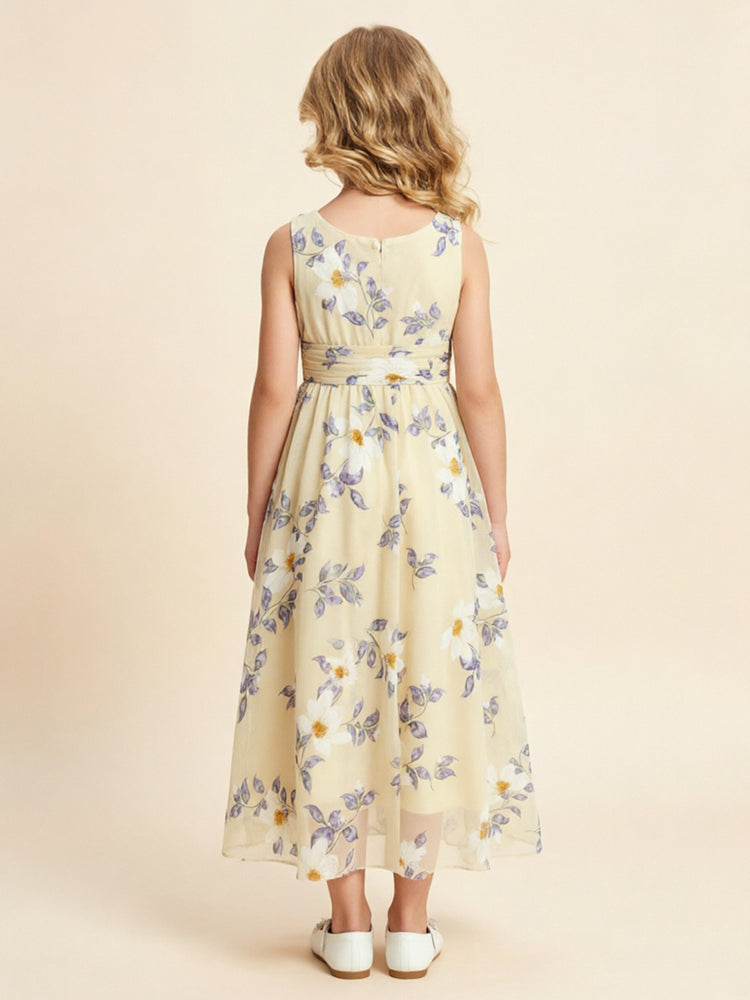 Chiffon Floral A-Line V Neck Floor Length Flower Girl Dresses with Pleats