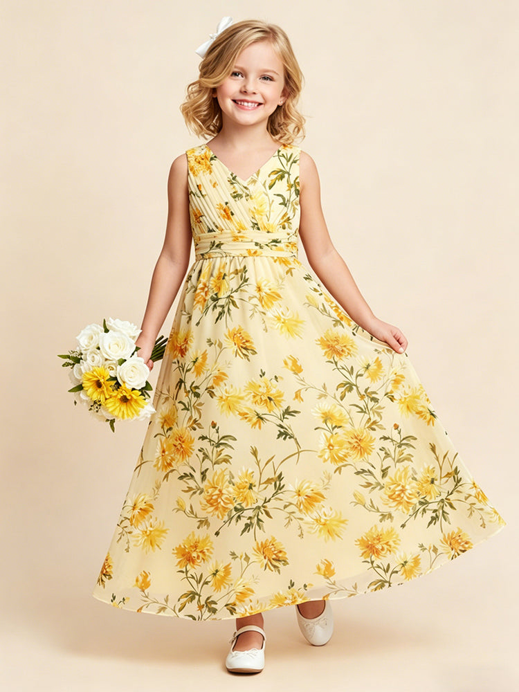 Chiffon Floral A-Line V Neck Sleeveless Flower Girl Dresses with Pleats