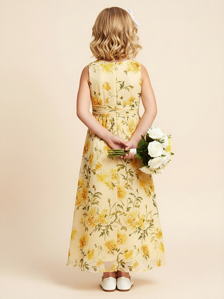 Chiffon Floral A-Line V Neck Sleeveless Flower Girl Dresses with Pleats