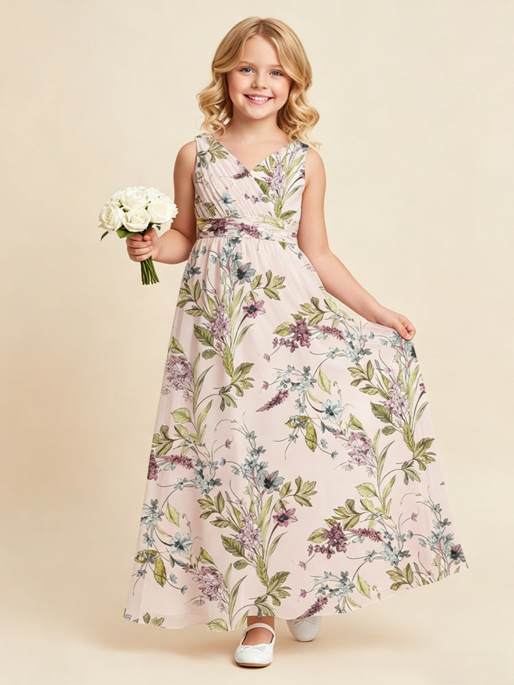 Chiffon Floral Print A-Line V Neck Long Flower Girl Dresses with Pleats