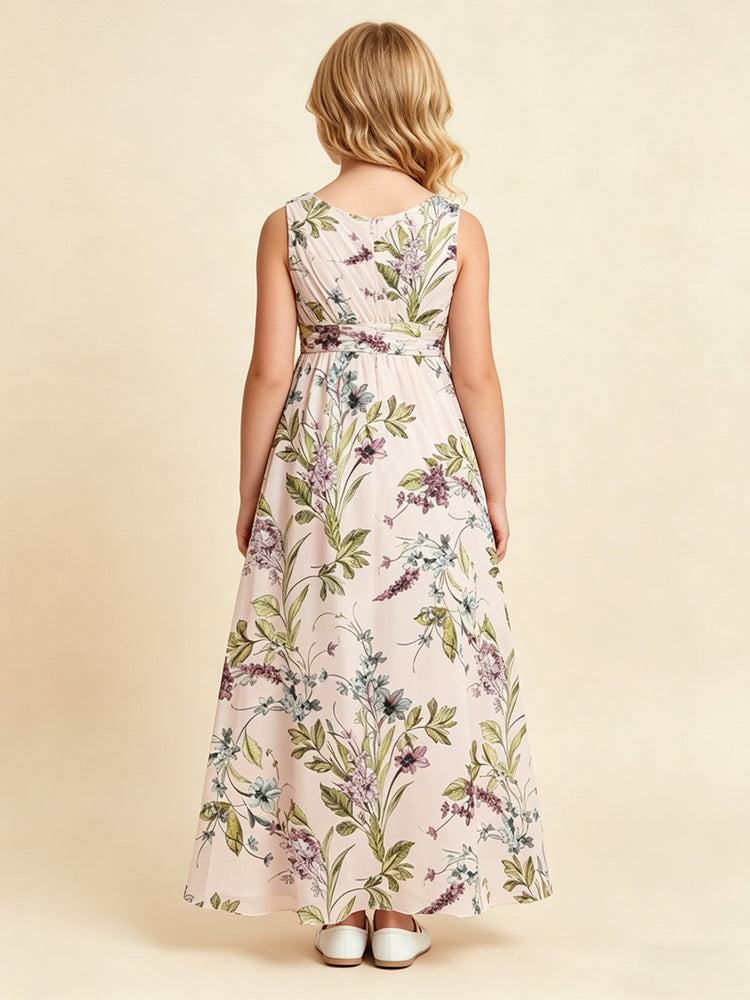 Chiffon Floral Print A-Line V Neck Long Flower Girl Dresses with Pleats