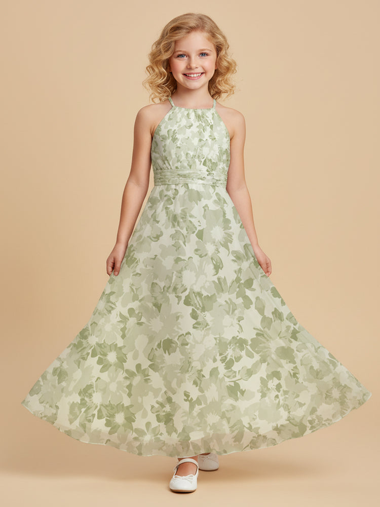 Chiffon Floral A-Line Halter Long Flower Girl Dresses with Belt