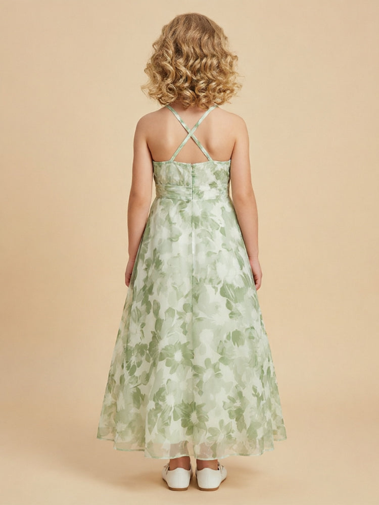 Chiffon Floral A-Line Halter Long Flower Girl Dresses with Belt