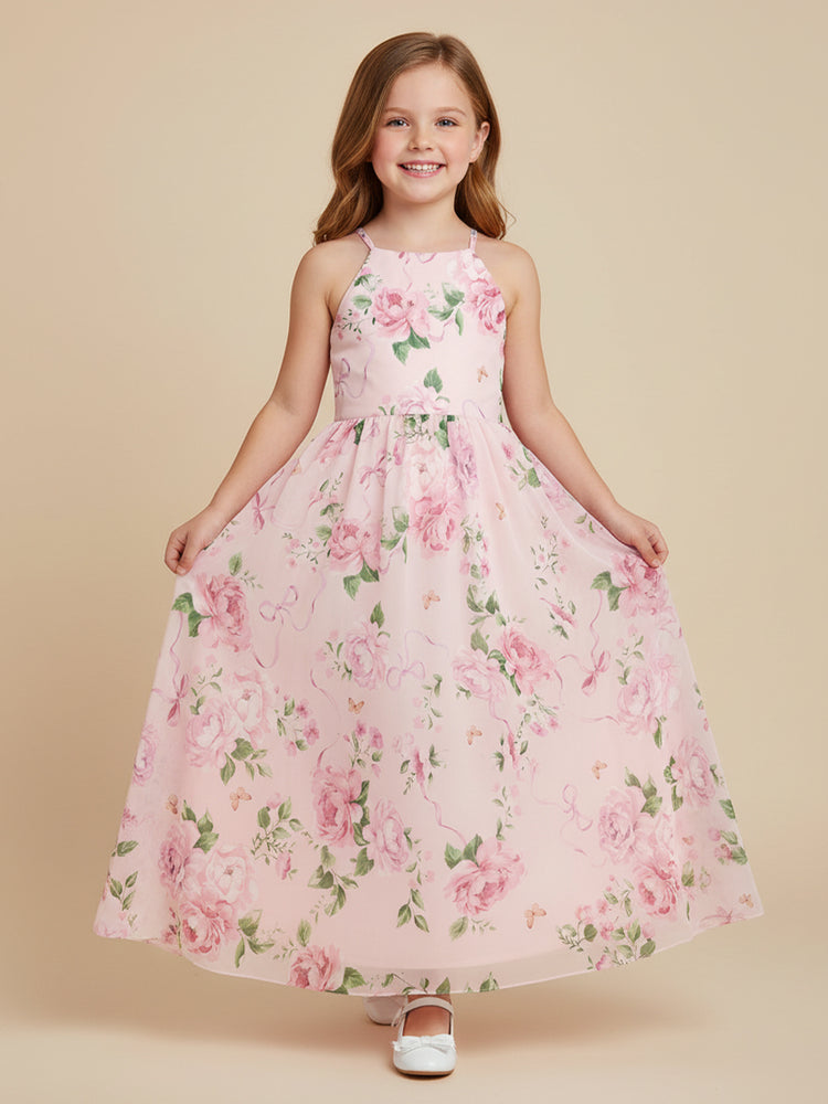 Chiffon Floral A-Line Halter Long Flower Girl Dresses with Pleats