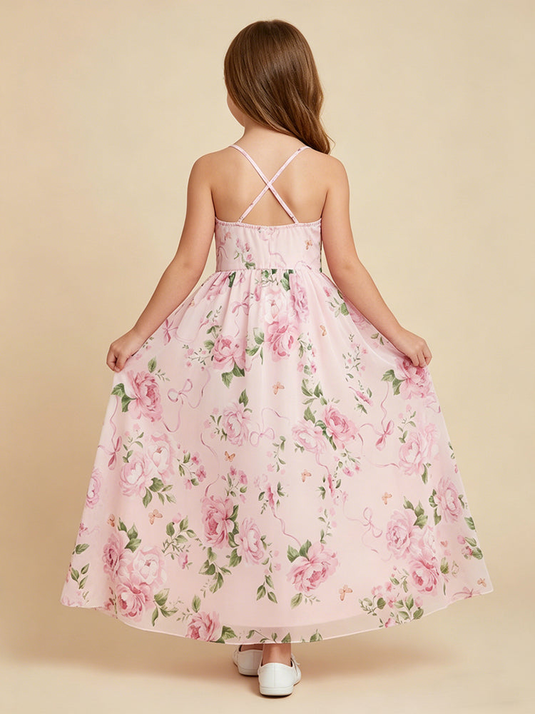 Chiffon Floral A-Line Halter Long Flower Girl Dresses with Pleats
