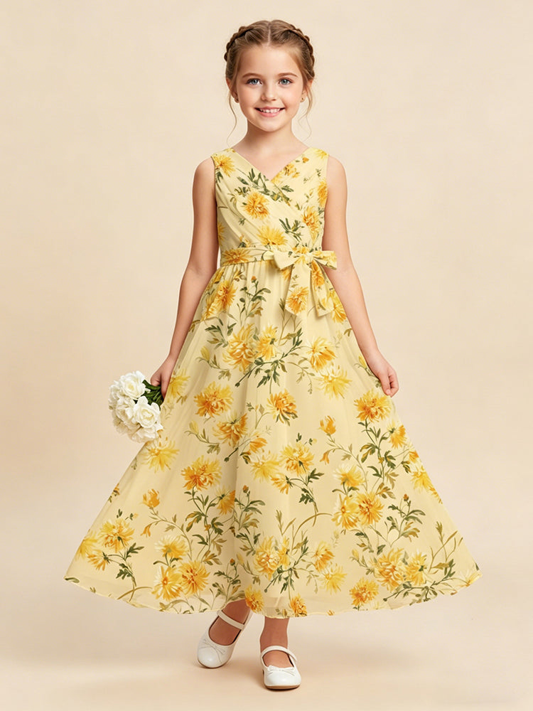 Chiffon Floral A-Line V Neck Long Flower Girl Dresses with Bow