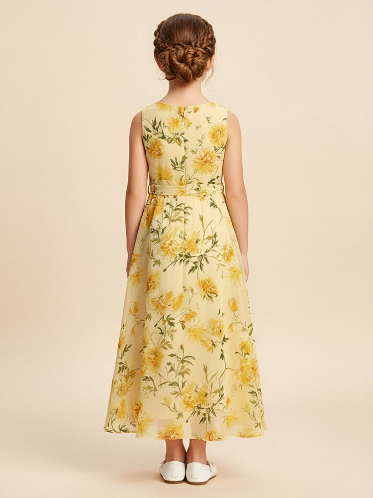Chiffon Floral A-Line V Neck Long Flower Girl Dresses with Bow