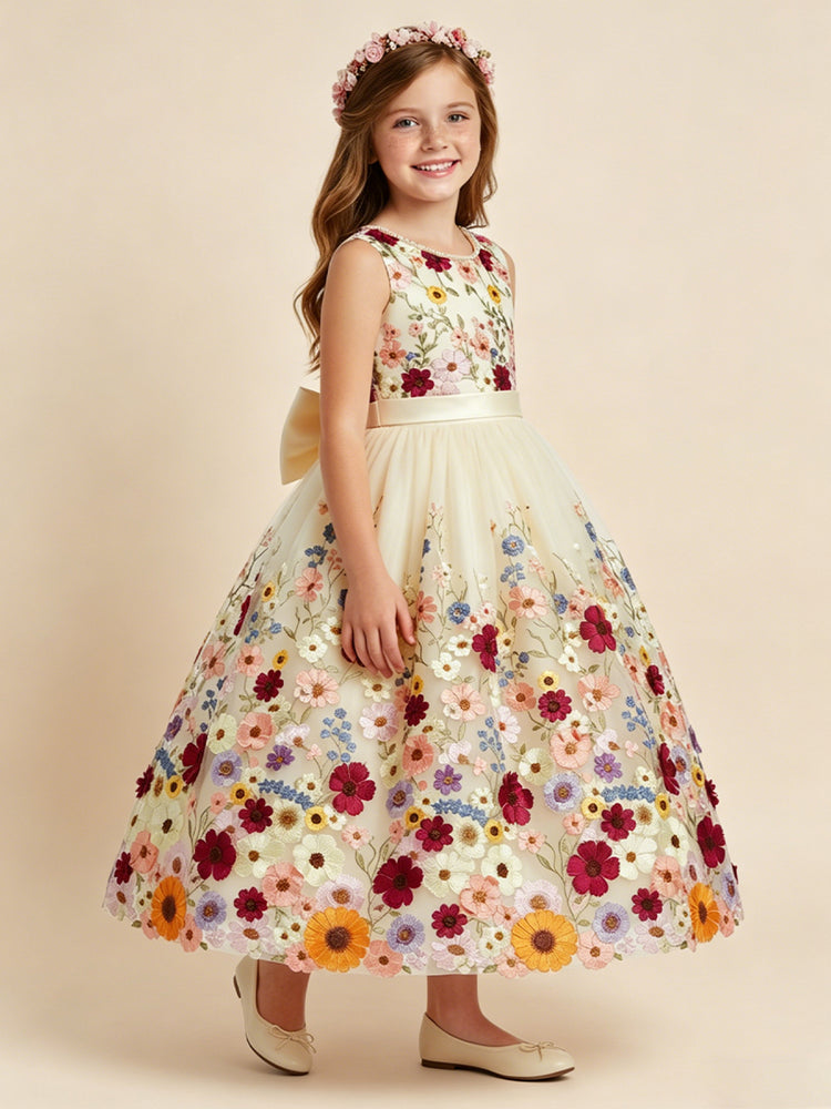 Tulle A-Line Round Neck Long Flower Girl Dresses with Bow