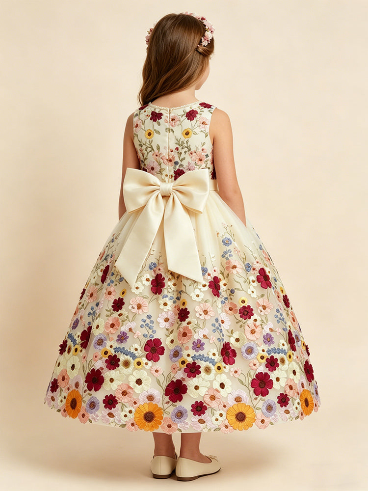 Tulle A-Line Round Neck Long Flower Girl Dresses with Bow