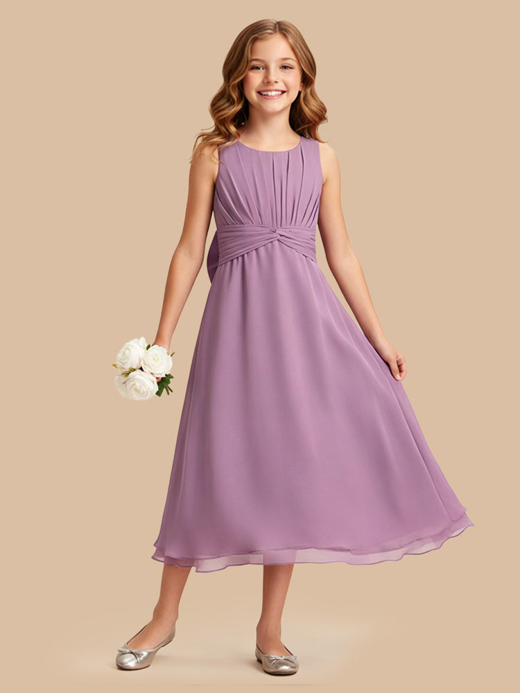 Chiffon A-Line Round Neck Midi Flower Girl Dresses with Bow