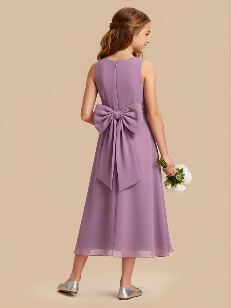 Chiffon A-Line Round Neck Midi Flower Girl Dresses with Bow