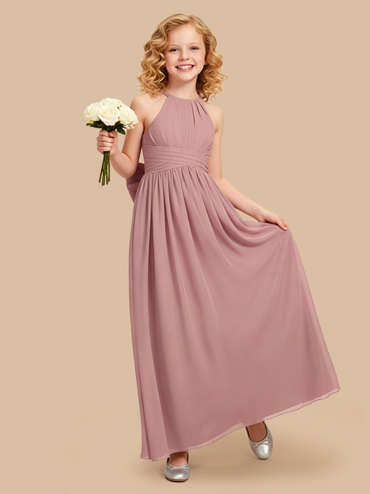 Chiffon A-Line Halter Long Flower Girl Dresses with Bow