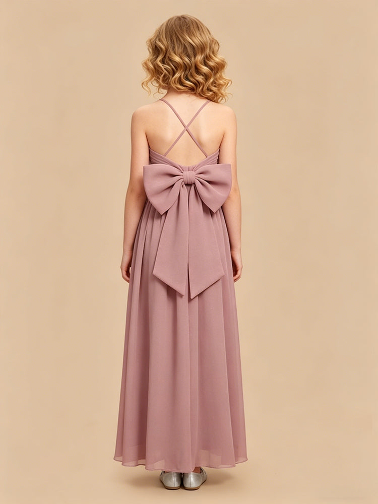 Chiffon A-Line Halter Long Flower Girl Dresses with Bow