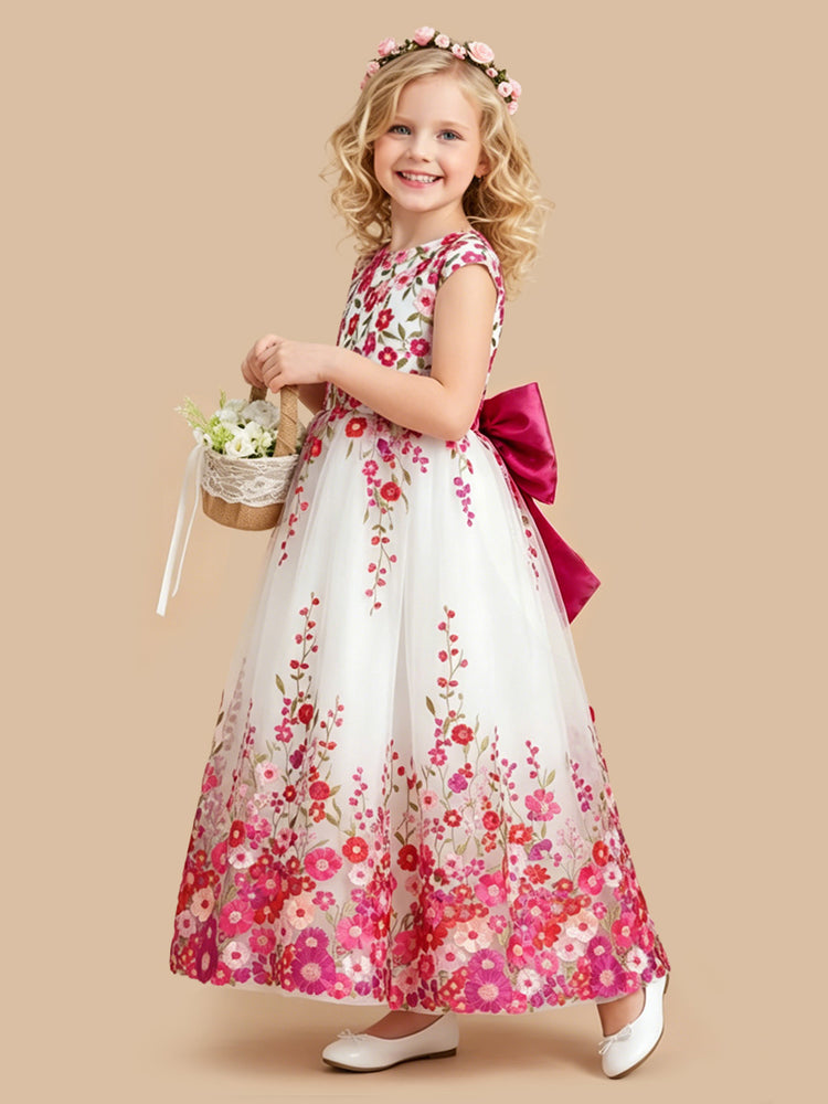 Tulle A-Line Scoop Neck Long Flower Girl Dresses with Floral Embroidery