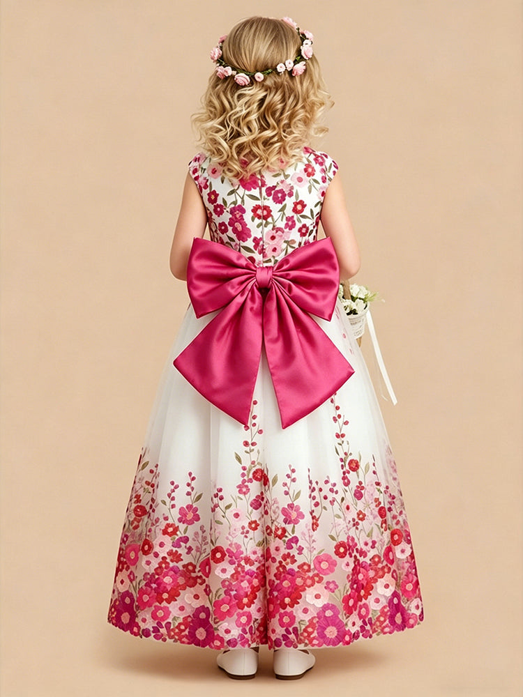 Tulle A-Line Scoop Neck Long Flower Girl Dresses with Floral Embroidery