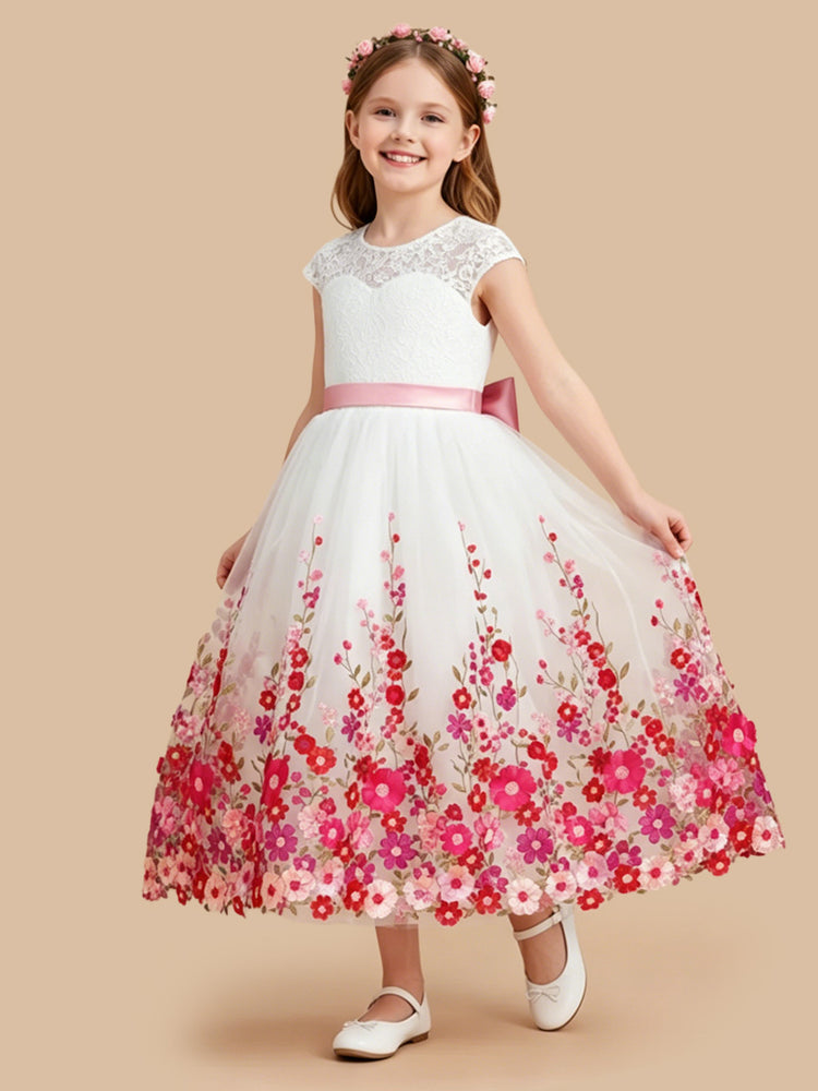 Tulle A-Line Jewel Neck Long Flower Girl Dresses with Floral Embroidery