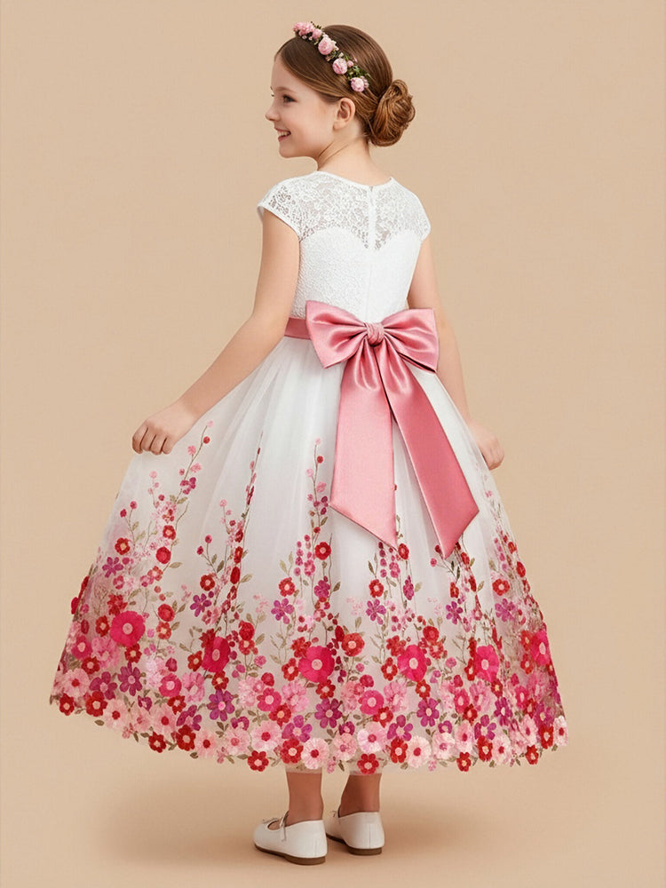 Tulle A-Line Jewel Neck Long Flower Girl Dresses with Floral Embroidery