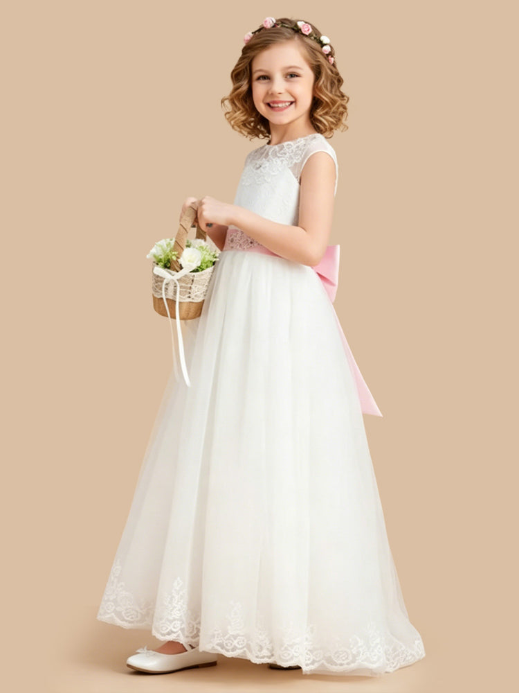 Tulle A-Line Jewel Neck Long Flower Girl Dresses with Bow