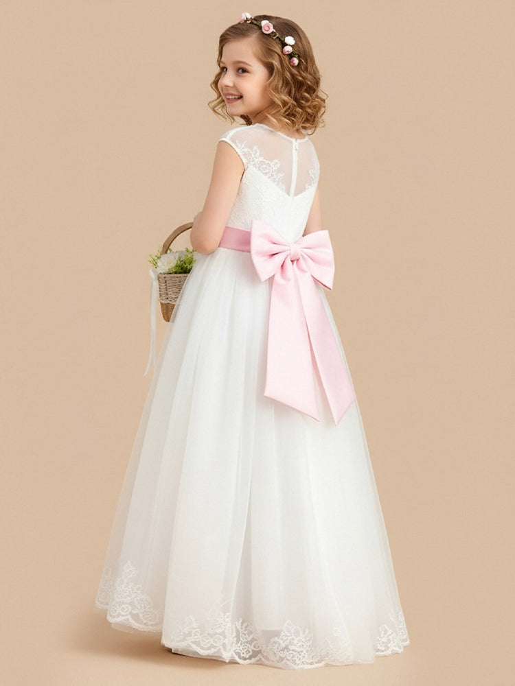 Tulle A-Line Jewel Neck Long Flower Girl Dresses with Bow