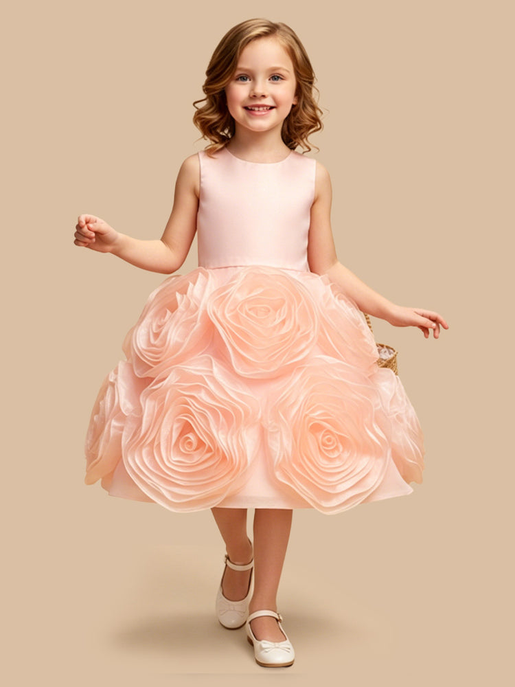 Satin A-Line Scoop Neck Midi Flower Girl Dresses with 3D Flowers