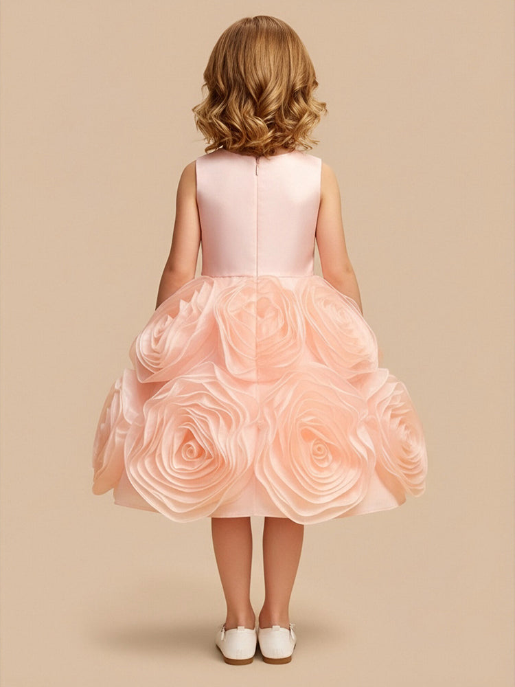 Satin A-Line Scoop Neck Midi Flower Girl Dresses with 3D Flowers
