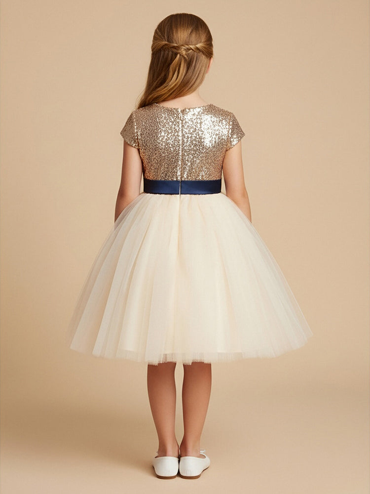 Tulle A-Line Scoop Neck Midi Flower Girl Dresses with Sequin