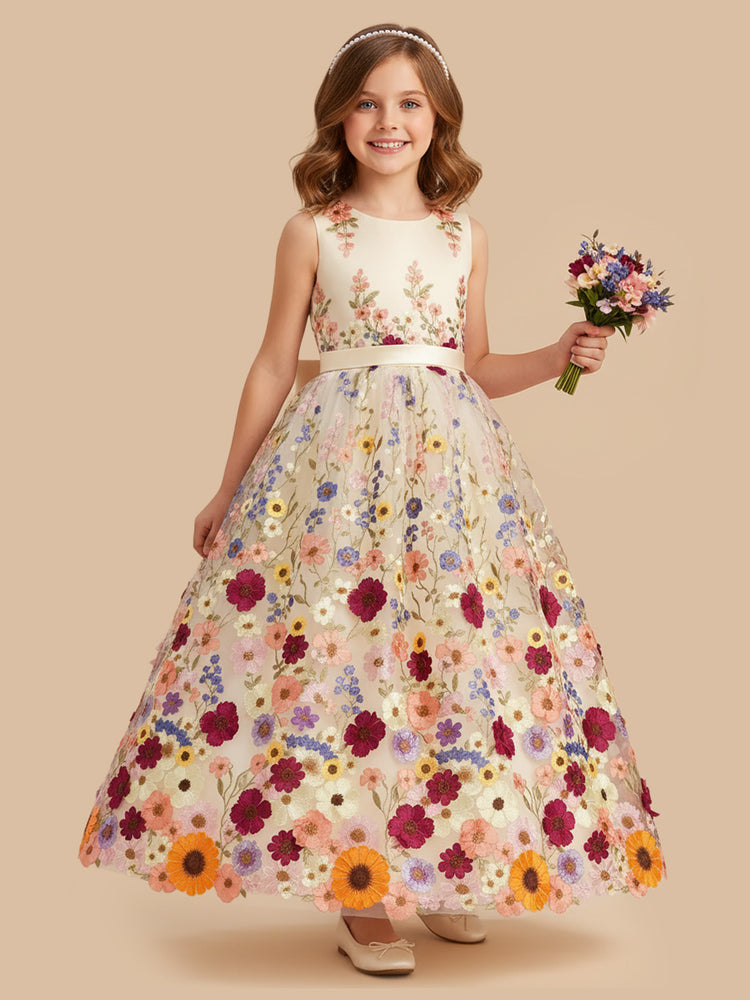Satin A-Line Round Neck Long Flower Girl Dresses with Bow