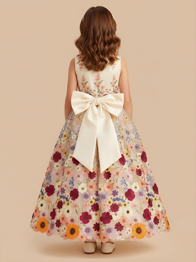 Satin A-Line Round Neck Long Flower Girl Dresses with Bow