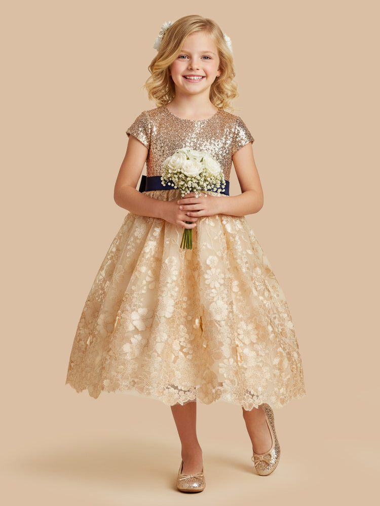 Sequin A-Line Round Neck Midi Flower Girl Dresses with Flower