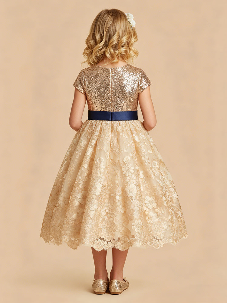 Sequin A-Line Round Neck Midi Flower Girl Dresses with Flower