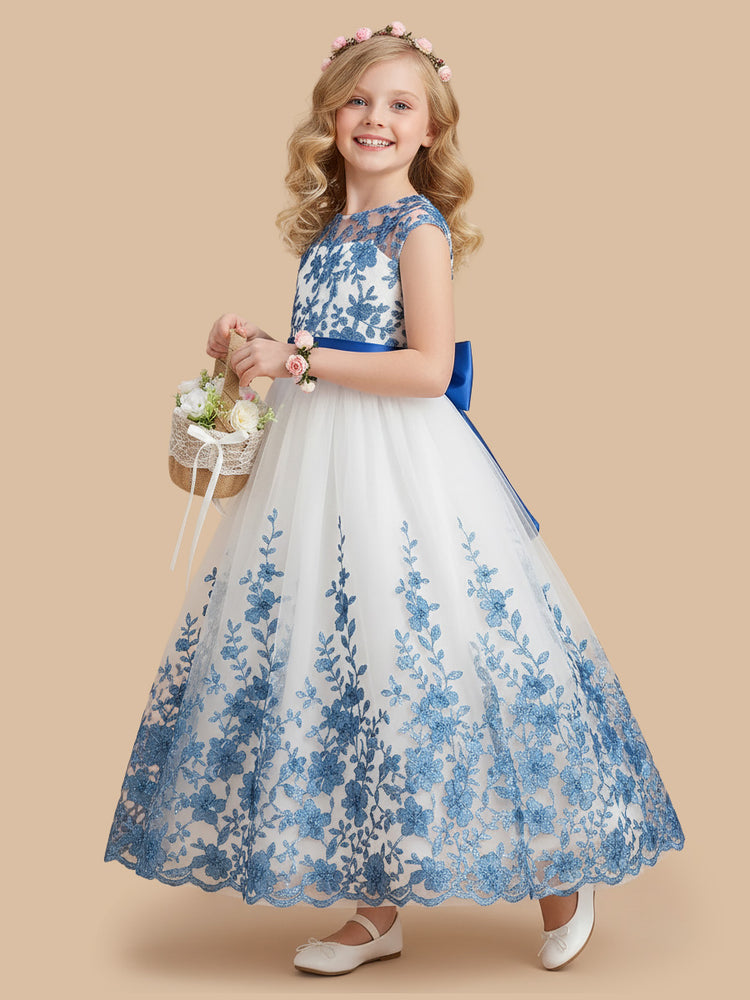 Tulle A-Line Jewel Neck Long Flower Girl Dresses with Floral Embroidery