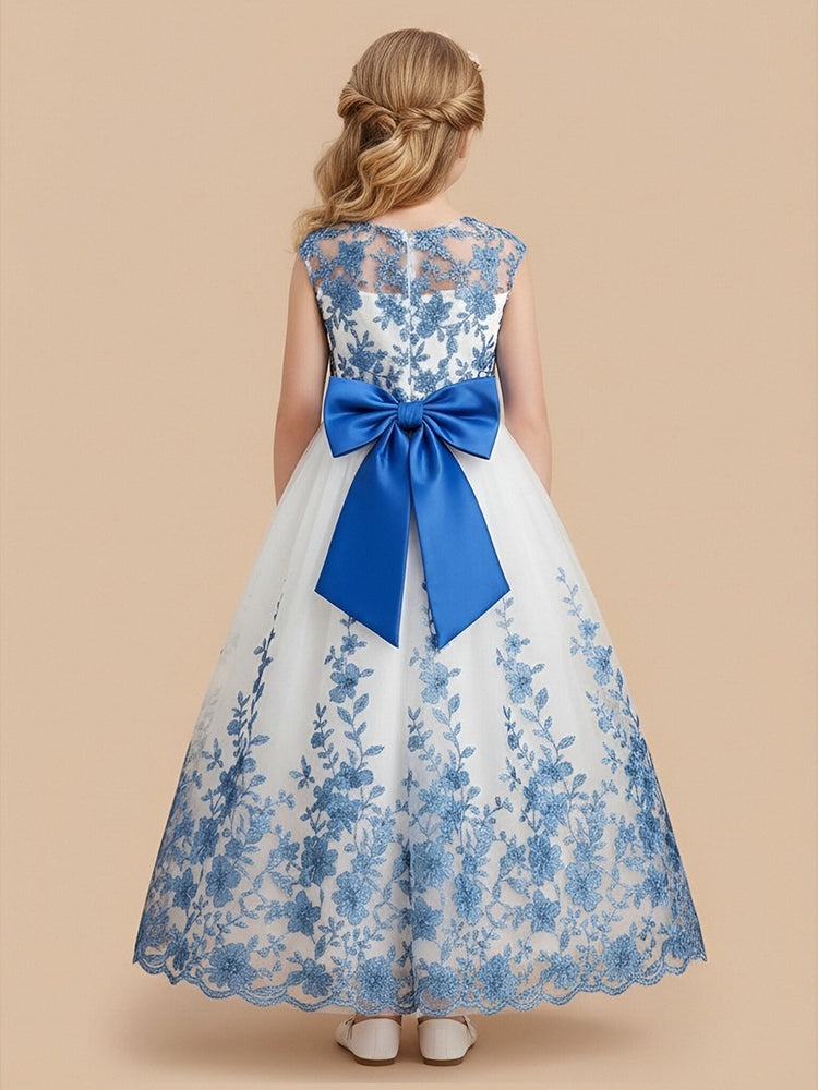 Tulle A-Line Jewel Neck Long Flower Girl Dresses with Floral Embroidery
