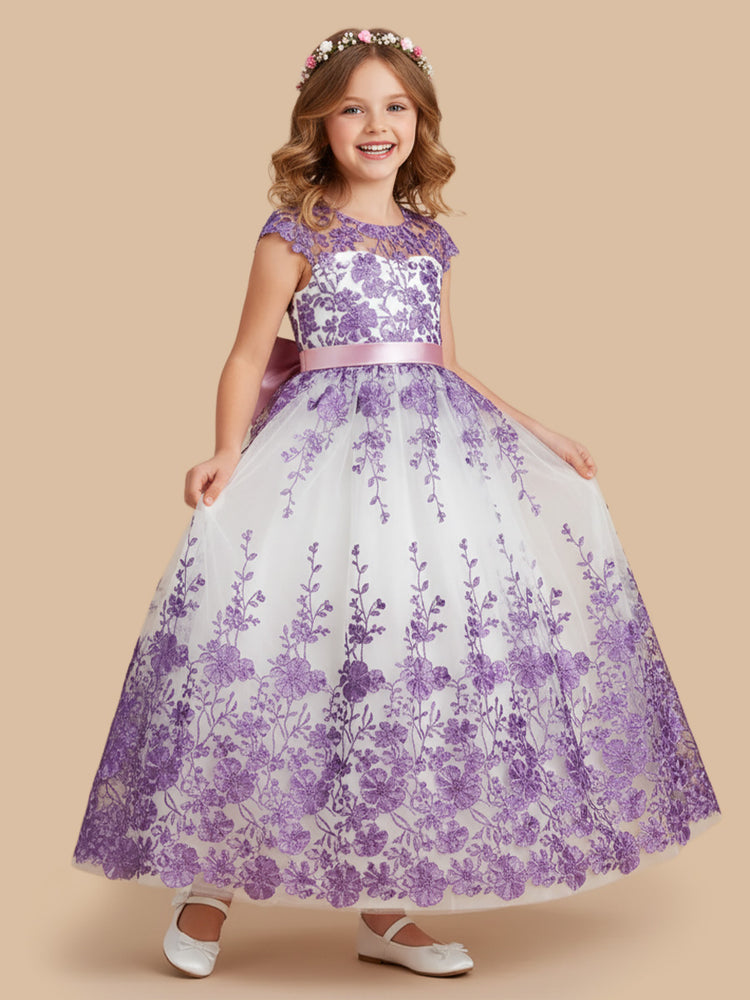 Tulle A-Line Jewel Neck Long Flower Girl Dresses with Floral Embroidery