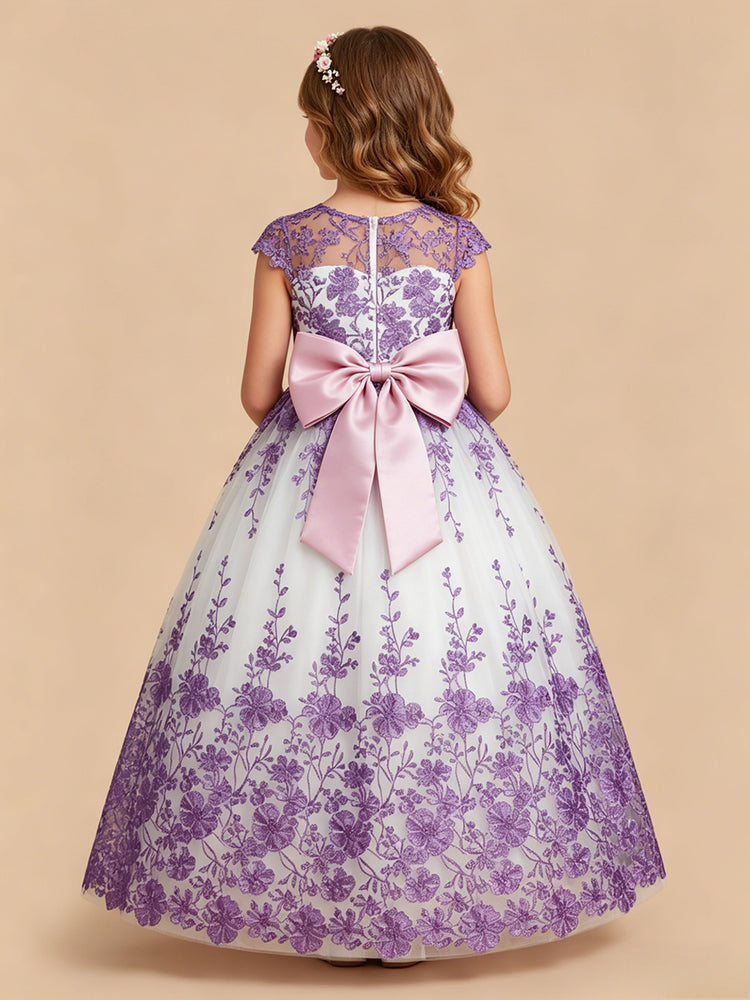 Tulle A-Line Jewel Neck Long Flower Girl Dresses with Floral Embroidery