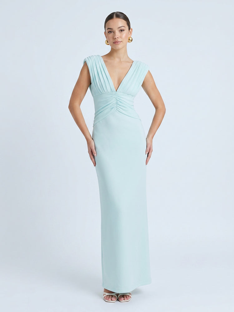Sheath V Neck Sleeveless Long Evening Dresses with Ruches