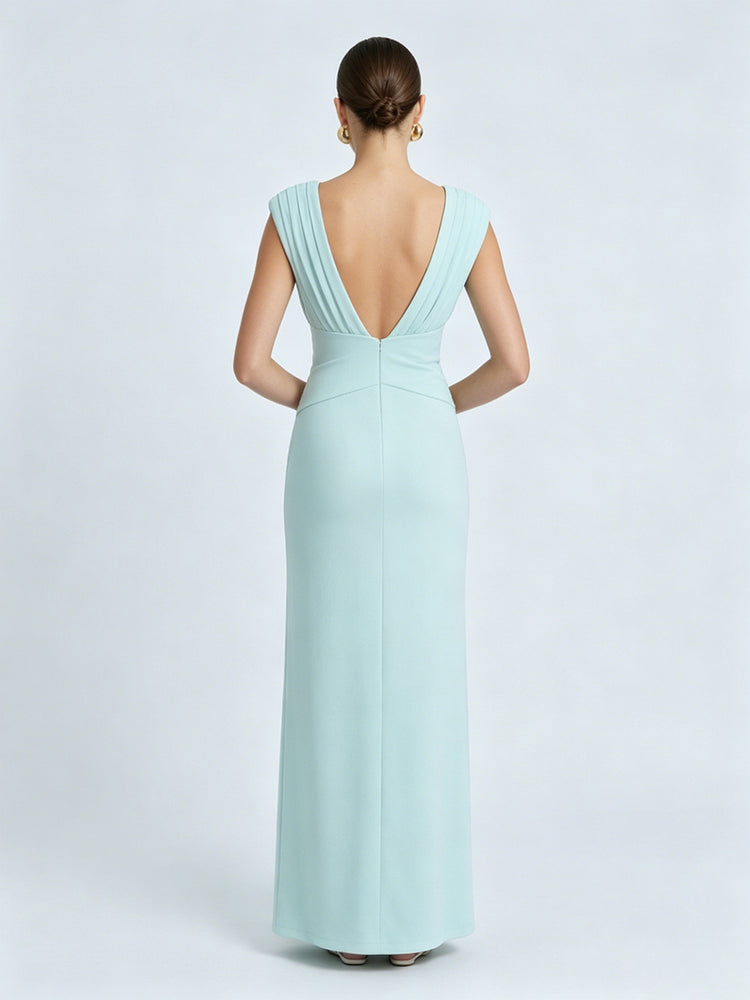 Sheath V Neck Sleeveless Long Evening Dresses with Ruches
