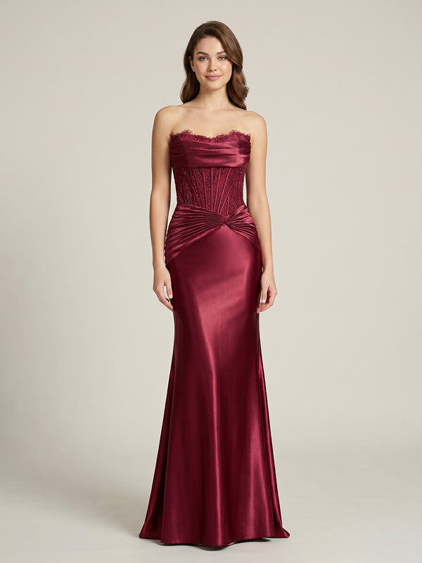 Mermaid Strapless Sleeveless Floor Length Evening Dresses with Beadings