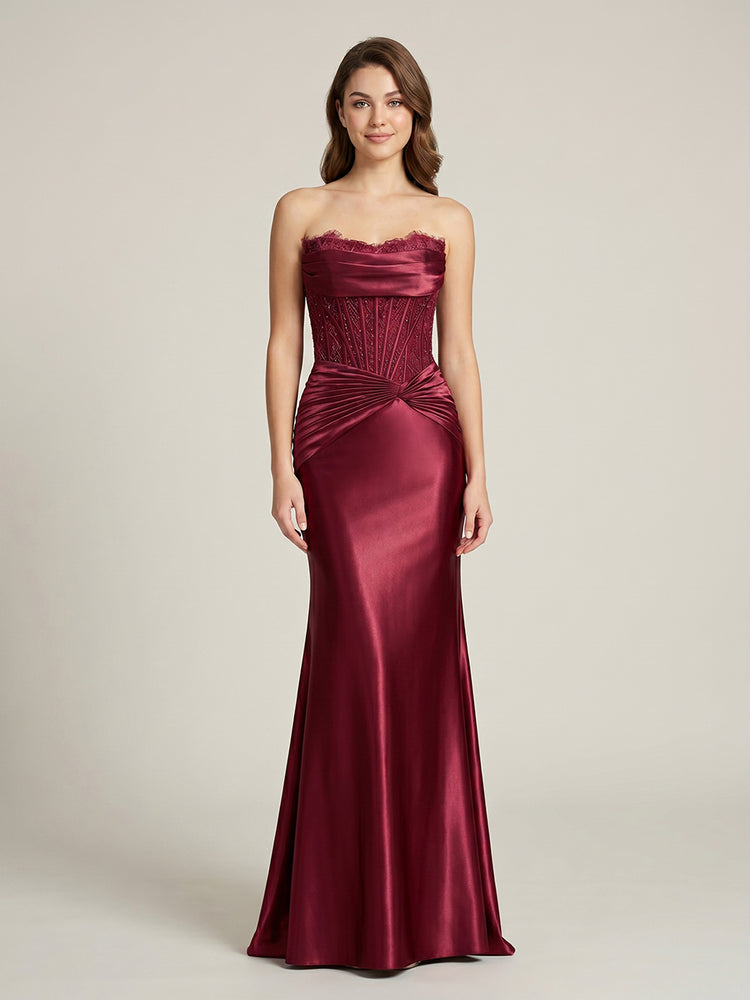 Mermaid Strapless Sleeveless Floor Length Evening Dresses with Beadings