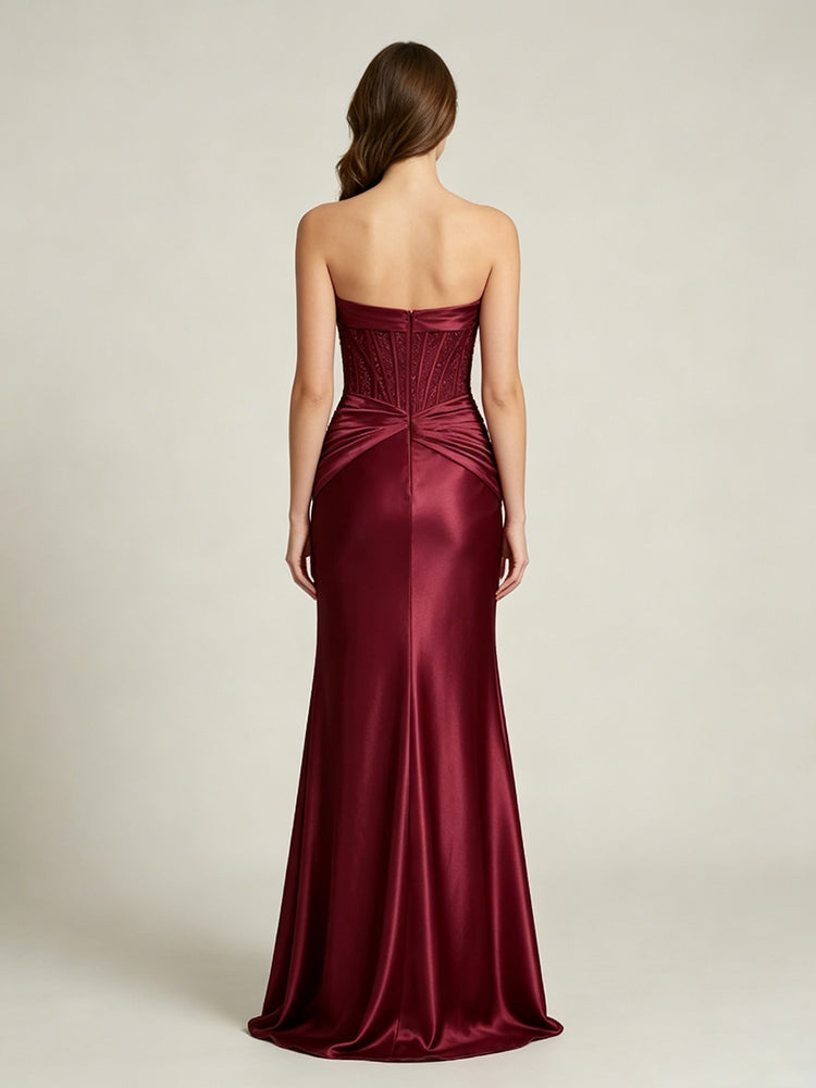 Mermaid Strapless Sleeveless Floor Length Evening Dresses with Beadings