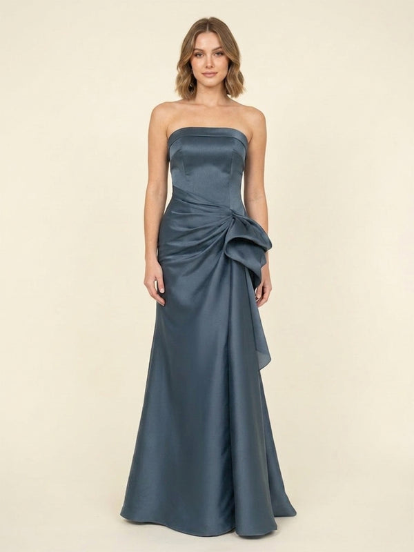 Satin Mermaid Strapless Long Evening Dresses with Bow