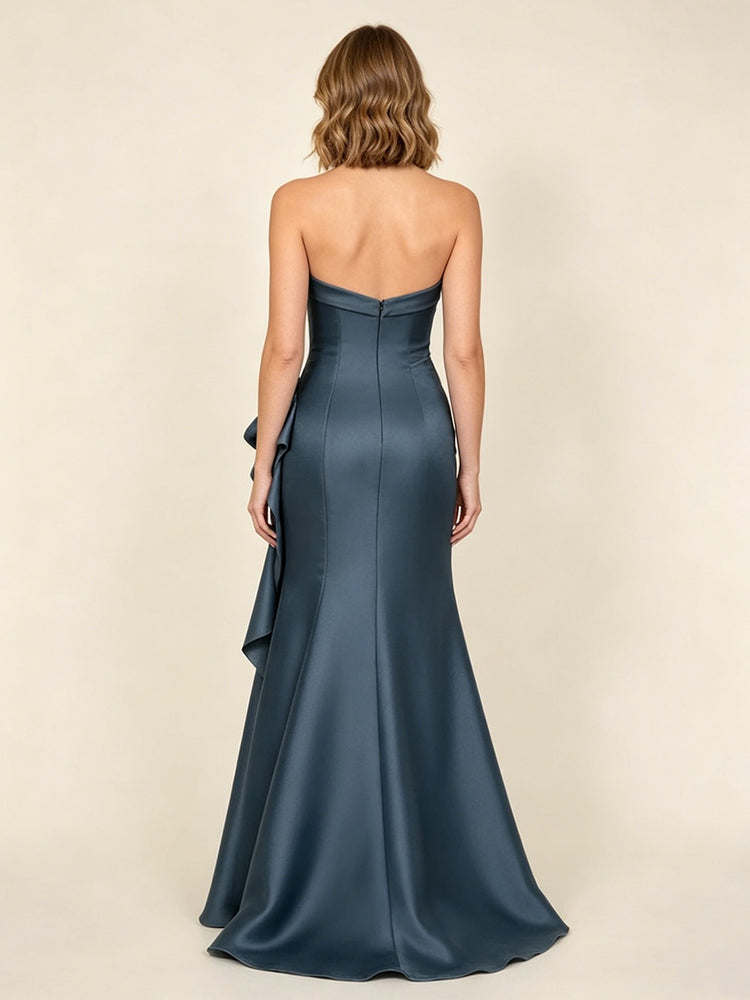 Satin Mermaid Strapless Long Evening Dresses with Bow